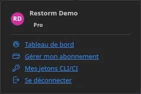Le menu du bouton Compte, connecté : le nom du titulaire, son édition, puis les entrées « Tableau de bord », « Gérer mon abonnement », « Mes jetons CLI/CI » et « Se déconnecter »