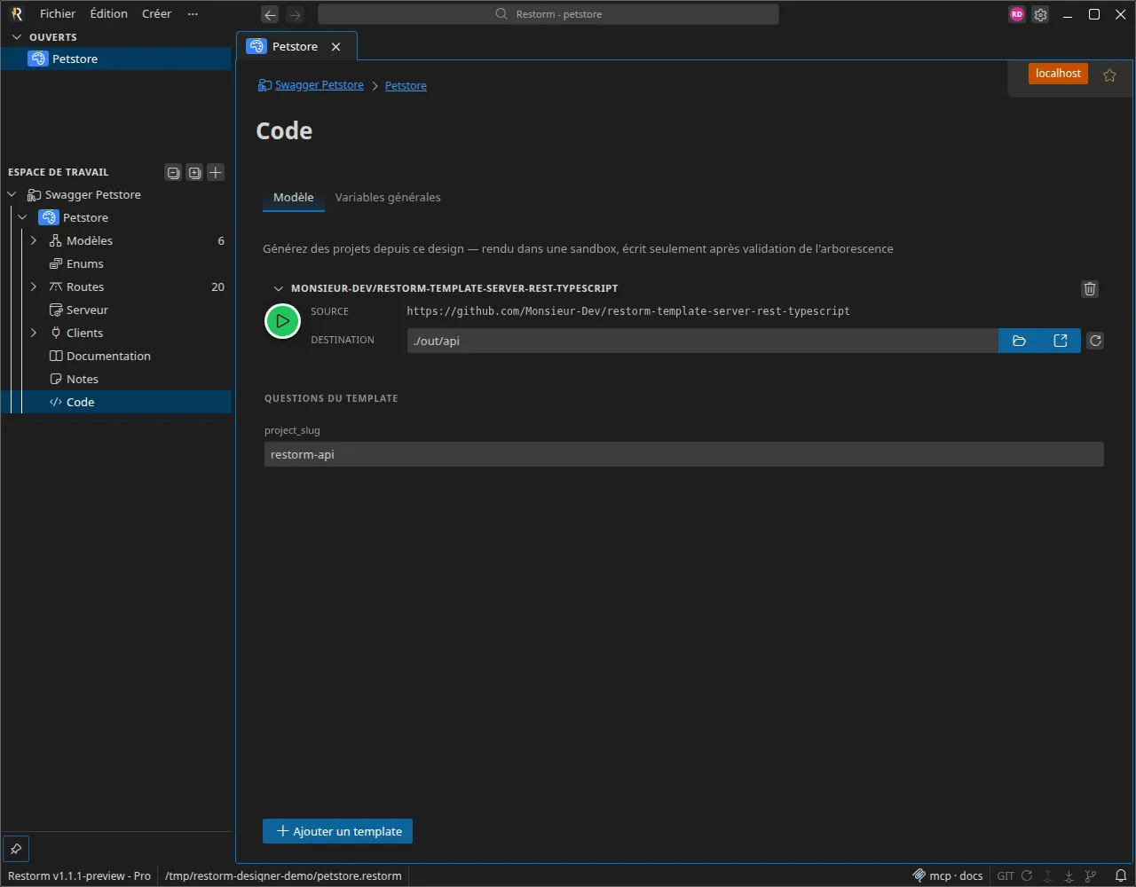 La section Code : un template ajouté, un dossier de sortie et la prévisualisation de l'arborescence générée avant écriture