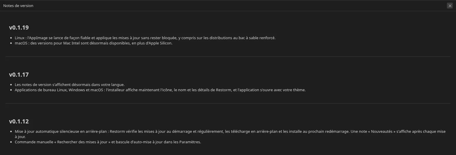 l'écran « Nouveautés de la version » affiché après une mise à jour