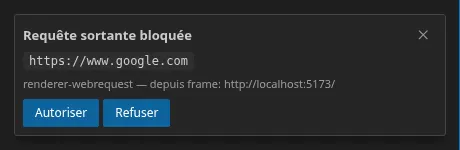 La demande d'autorisation du pare-feu : l'origine bloquée, la couche d'interception et le cadre appelant, et les boutons Allow / Deny