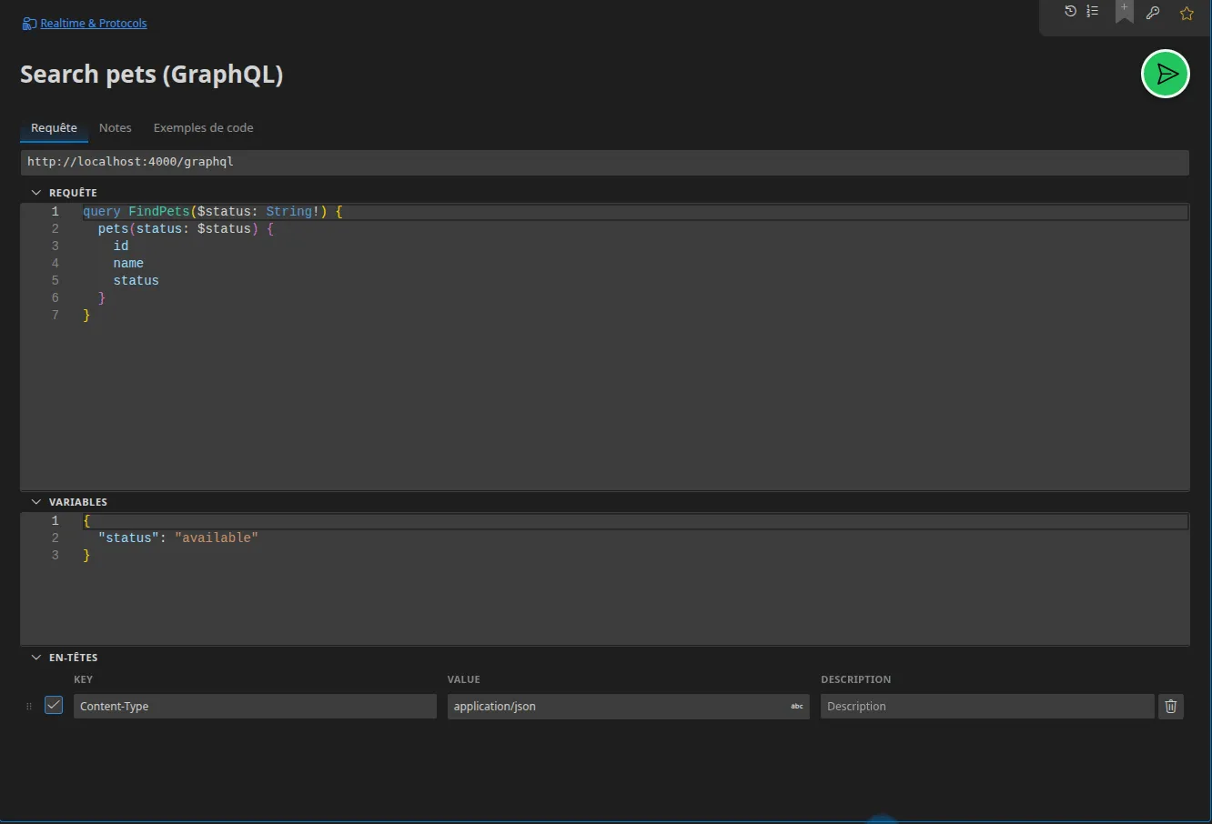 Un onglet GraphQL avec l'éditeur de requête, la section Variables en dessous et les en-têtes