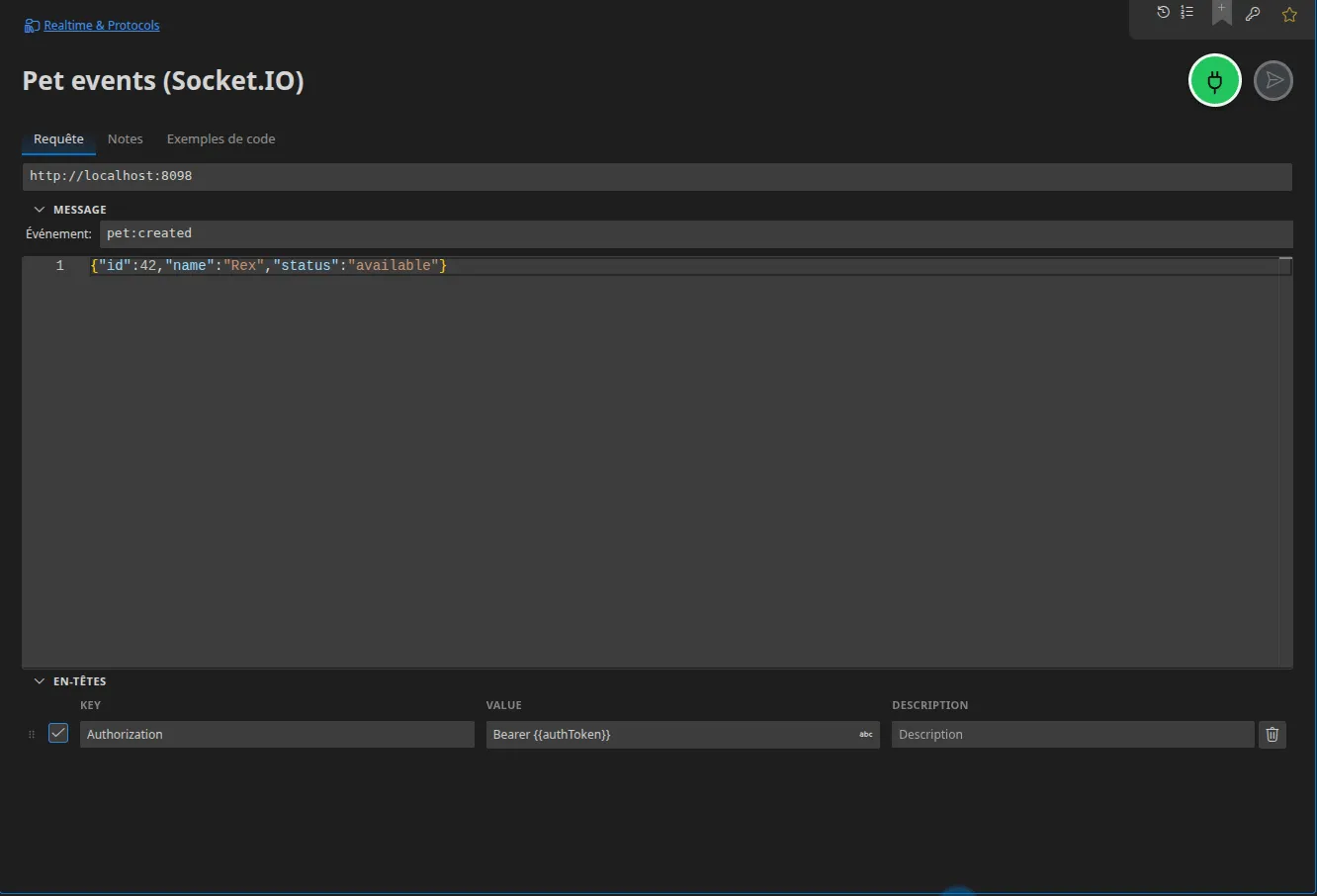 Un onglet Socket.IO : l'URL du serveur, le nom d'événement « pet », la charge JSON à émettre et les en-têtes du handshake