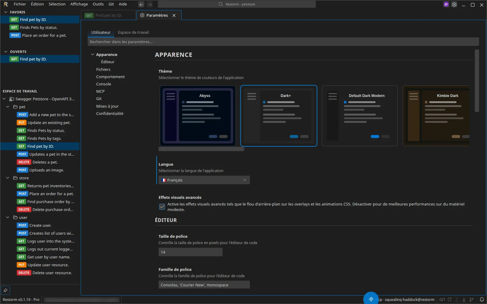 La page des paramètres : les onglets Utilisateur / Espace de travail, la recherche, le sommaire des groupes à gauche et le groupe Apparence ouvert