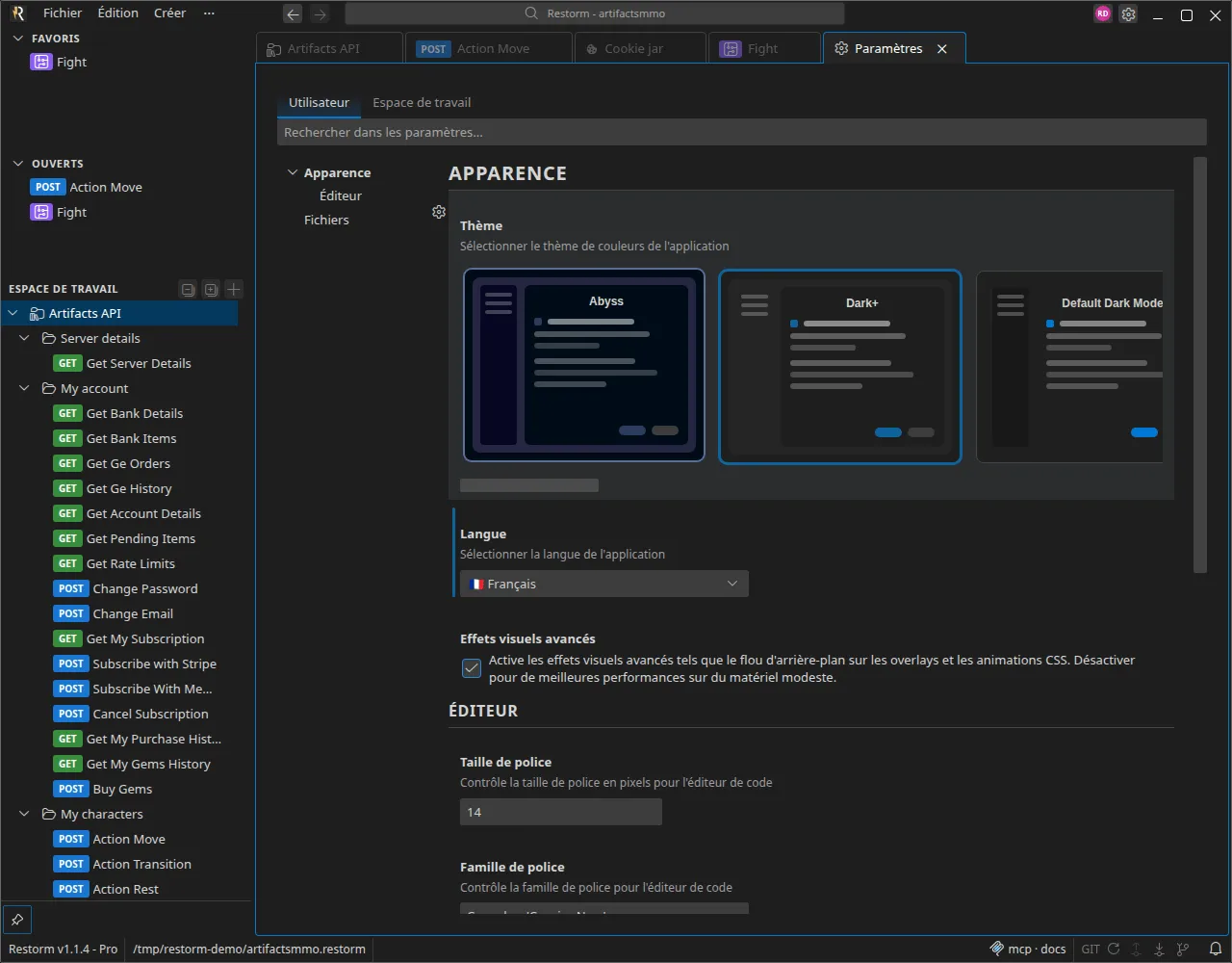 La page des paramètres : les onglets Utilisateur / Espace de travail, la recherche, le sommaire des groupes à gauche et le groupe Apparence ouvert